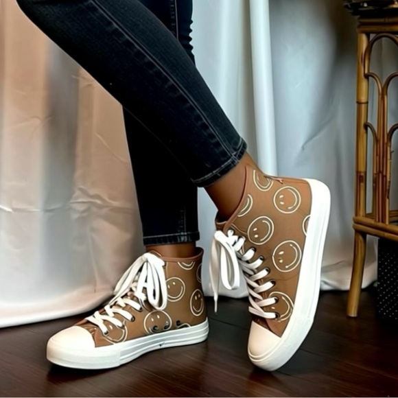 American Eagle Shoes - American Eagle Brown Canvas High-Top Sneakers with White Smiley Print
